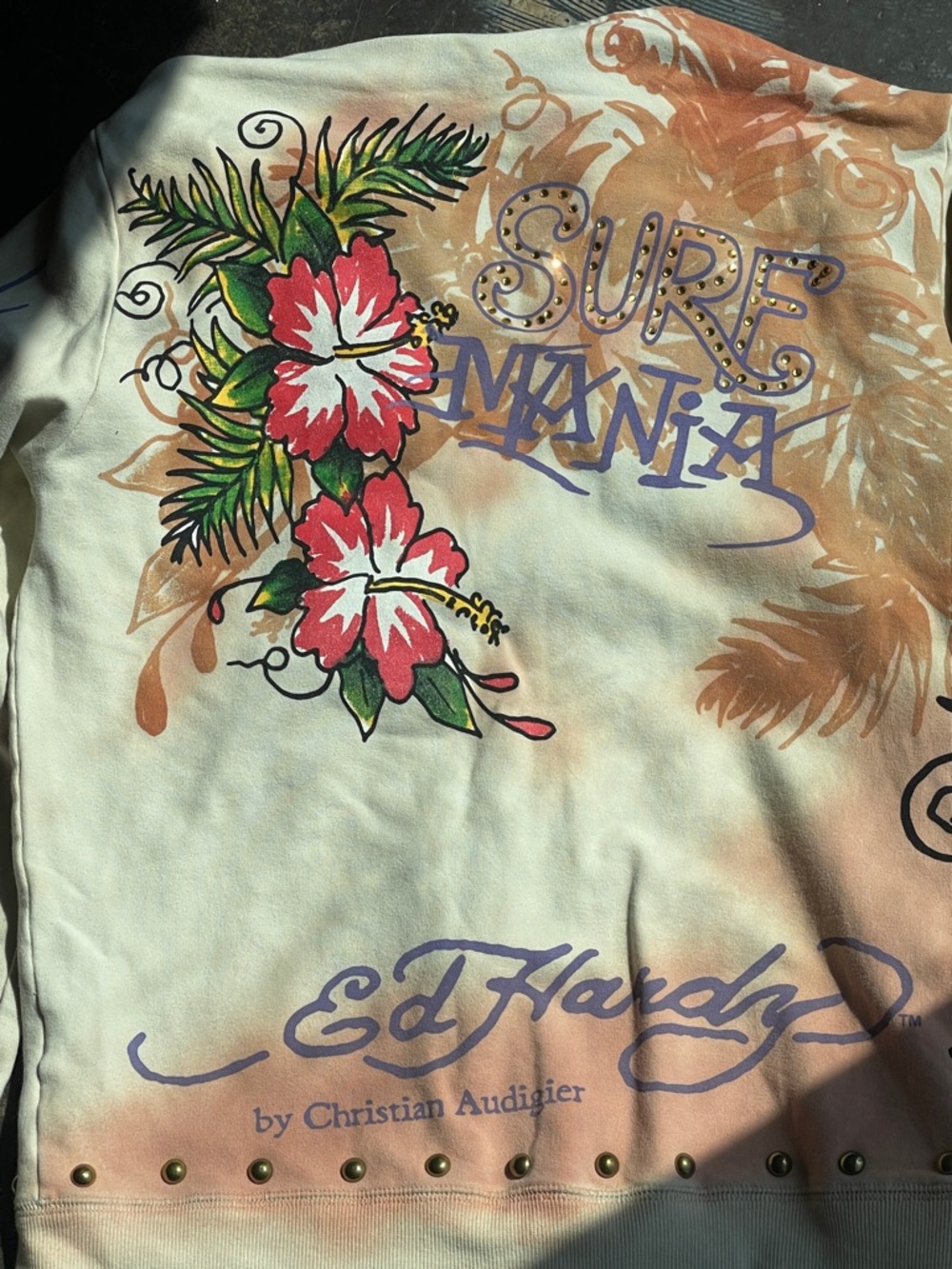 Ed Hardy Cream Hoodie with Purple and Gold Stud Accents - Picture 12 of 13